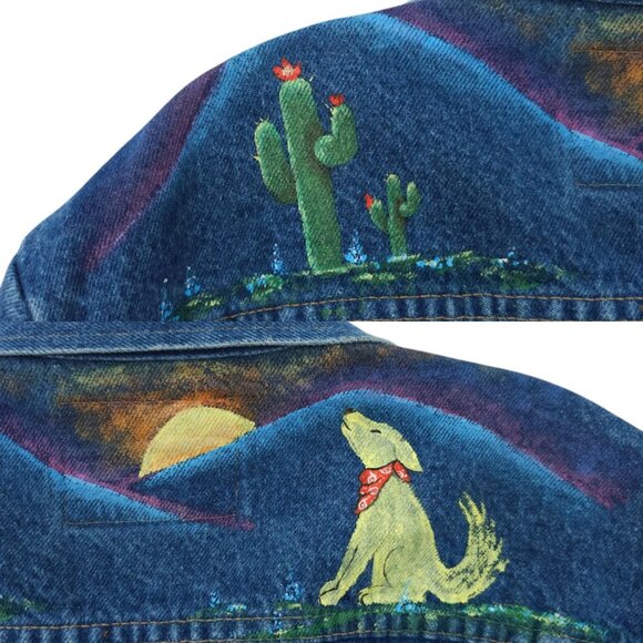 Wrangler Western Denim Jacket Womens Size L DIY Hand Painted Texas Cactus Boot - Picture 10 of 16